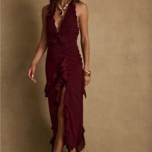 12th Tribe Burgundy Backless Ruffle Dress
